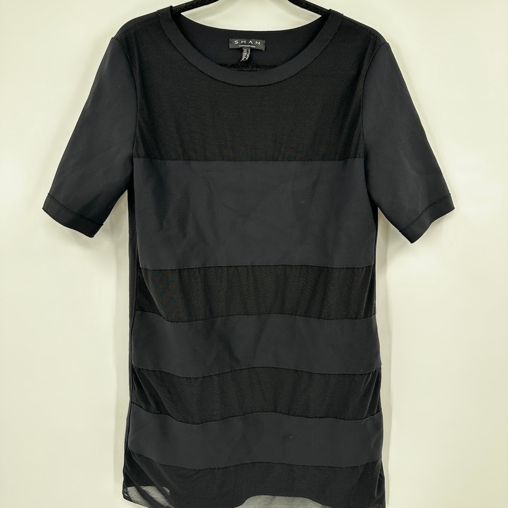SHAN Black Sheer Stripe Short Sleeve Shift‎ Mini Dress Made in Canada Size 8 - Picture 2 of 10